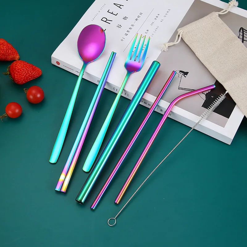 

Stainless Steel Travel Cutlery Set Dessert Fork and Spoon Korean Chopsticks with Eco Friendly Metal Straw for Tableware Set