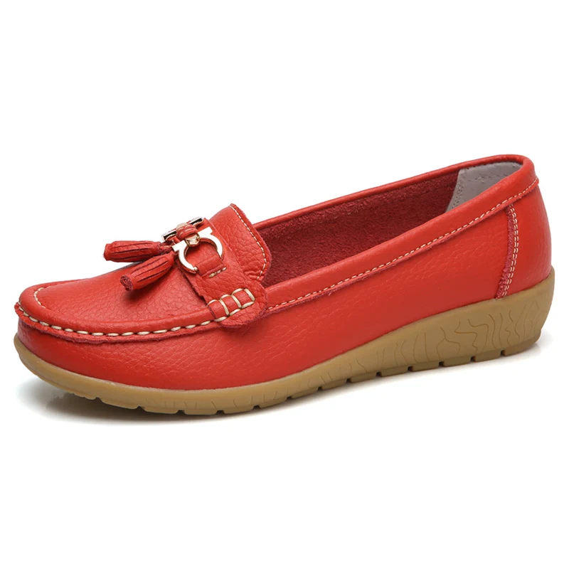 Женская обувь; сезон весна-осень; женские лоферы из коровьей кожи на плоской подошве без застежки; Momen; мокасины; женская обувь; большие размеры 35-44 - Цвет: Red