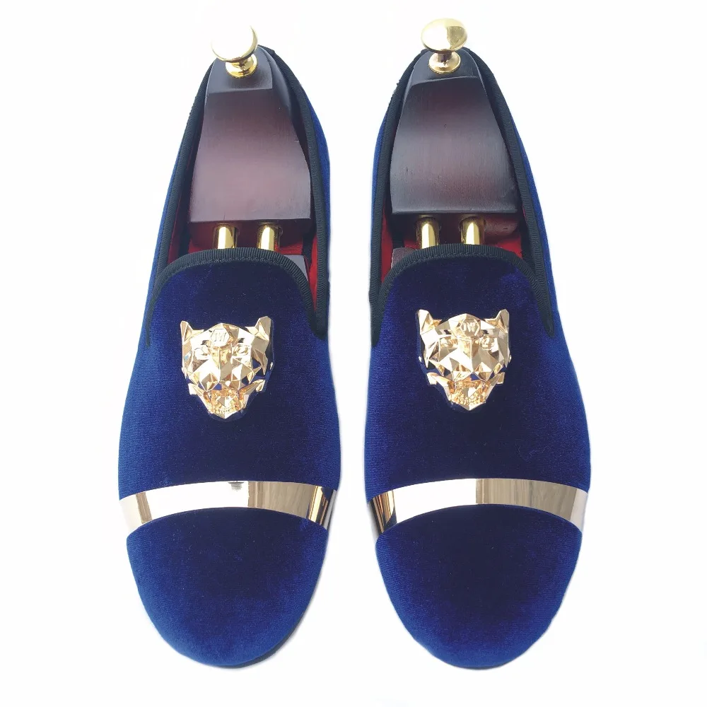 Lalhaveli Mens Blue Velvet Loafers Slip-on Dress Shoes Embroidery Slippers Flats
