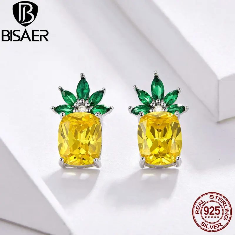 BISAER Летняя коллекция 925 пробы серебряные серьги-гвоздики в форме ананаса для женщин женские серебряные серьги с цирконием ювелирные изделия EFE114