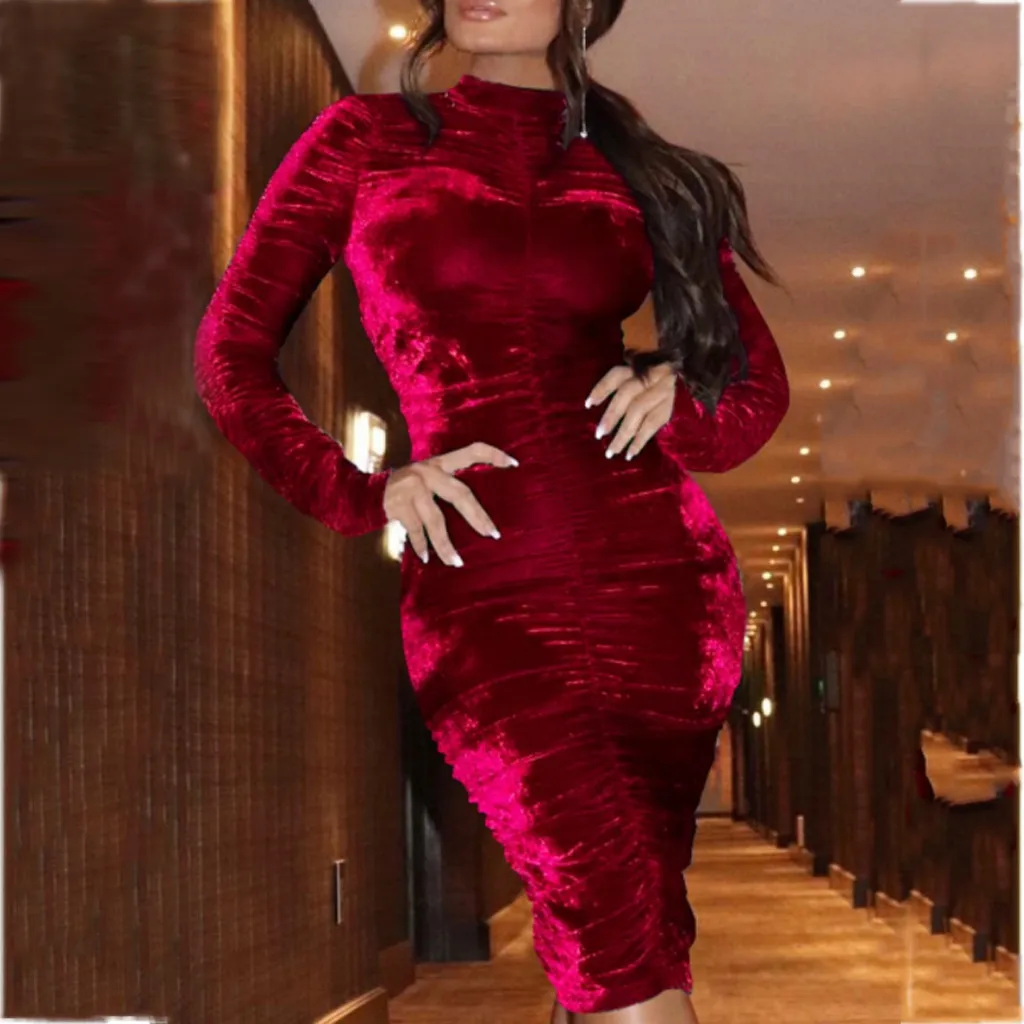 Модные женские туфли платье Vestido Invierno Зимние Женские однотонные с высоким, плотно облегающим шею воротником облегающее платье с рюшами, вечернее платье в обтяжку ягодицы платье красные платья для женщин