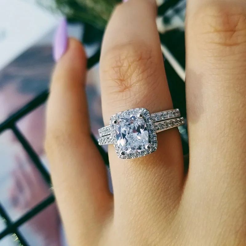 

2019 NEW design Real 925 Sterling Silver Finger Ring Set for Women Wedding Engagement Ring bridal groom jewelry moonso LR4211S