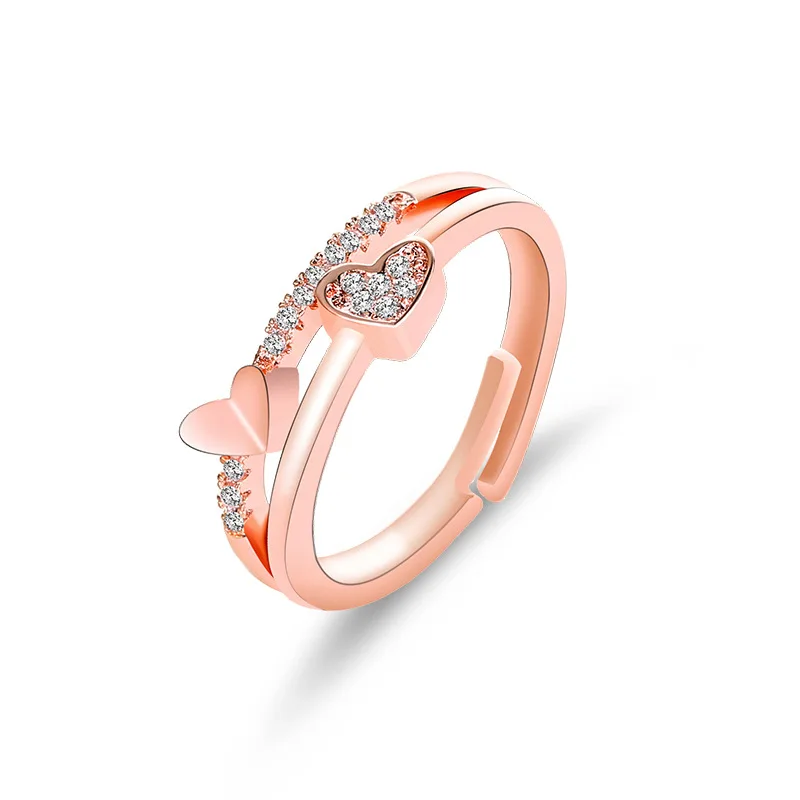 1pcs Wholesale Lots Bulk Korean Alloy Double Heart CZ Gold Silver Color Adjustable Band Rings for Women Finger Jewelry | Украшения и