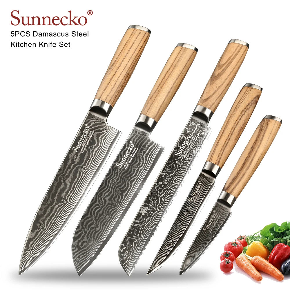 Sunnecko 5 шт. набор кухонных ножей из дамасской стали, профессиональный нож шеф-повара, нож для хлеба Santoku, японские ножи VG10 из стали, оригинальная деревянная ручка