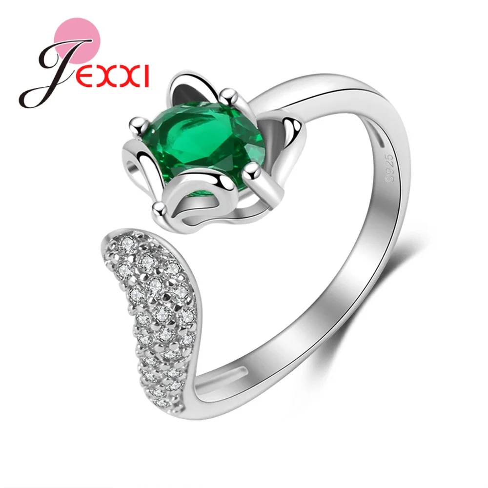 

Giemi 925 Sterling Silver Rings For Women Fox Green Crystal Cute Animal Design Cubic Zircon Wedding Party Adjustable Ring