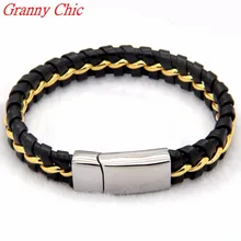 Granny Chic Fashion Men Womens Charm Bracelet Black Leather Bracelet Stainless Steel Magnetic Clasps Bangles Male Gold Jewelry