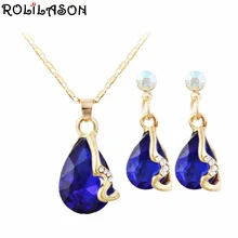 ROLILASON Graceful Water drop shaped blue zircon pendant golden chain necklace women earrings set accessories JS819 ROLILASON Graceful Water drop shaped blue zircon pendant golden chain necklace women earrings set accessories JS819