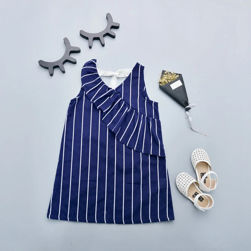 

Children's Summer Blue Striped Lace Tank Dress Girls Sleeveless Princess Dresses