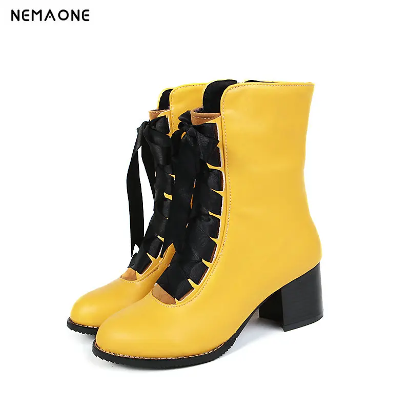 

New sweet high Heel women boots fashion rouned toe lace up ankle Boots ladies party dress shoes large Size 34-43