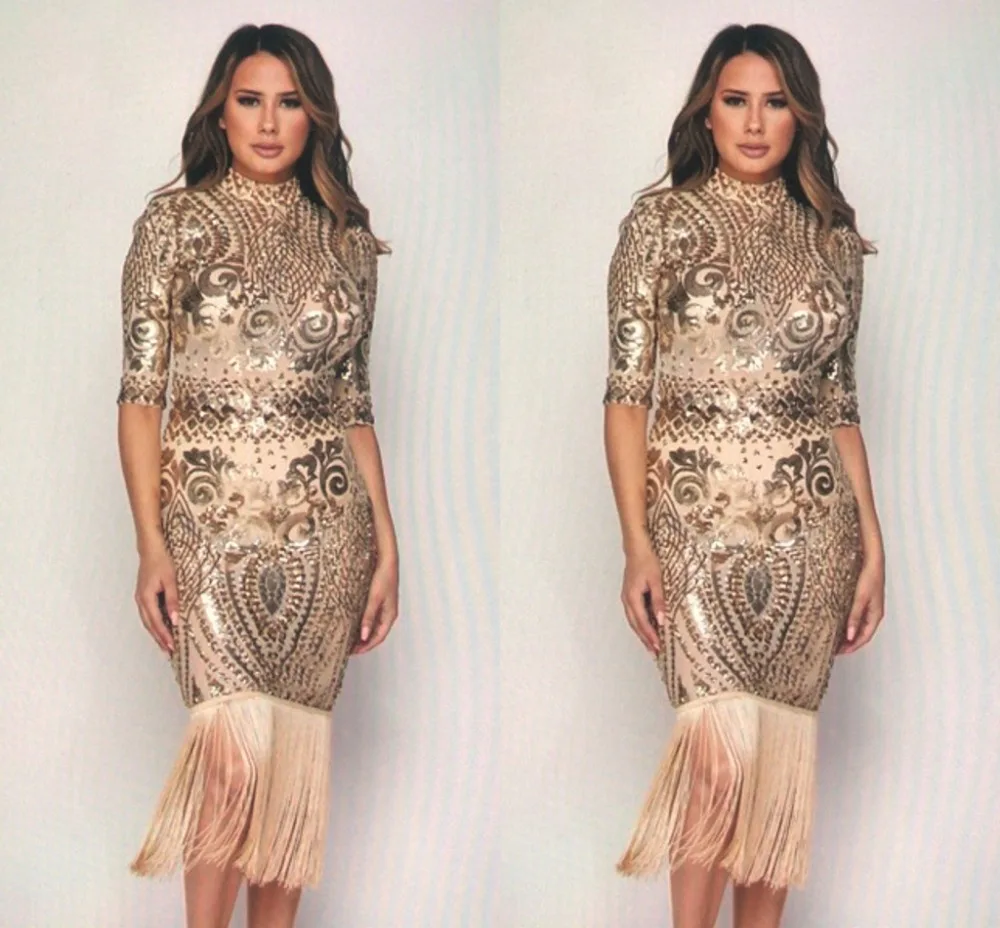 

2019 Sparkly Gold High Neck Sheath Short Prom Dresses Tassel Sequins Chic Women Evening Gowns Formal Party Dress robe de soriee