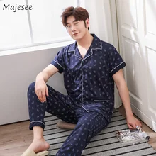 Мужские пижамные наборы Turn-Down Воротник Полосатый однобортный с коротким рукавом для отдыха карманы набор Мужские большеразмерные корейский стиль Одежда