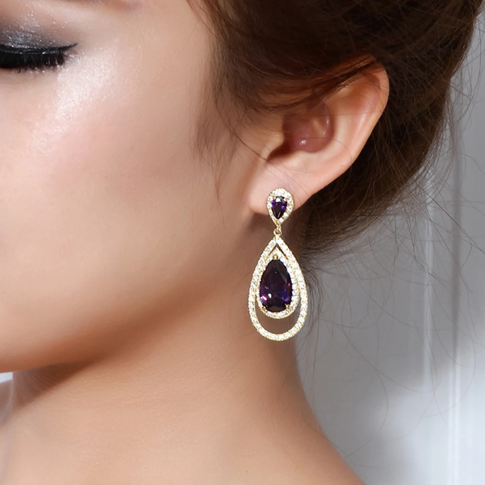New Earrings For Party Purple Red Clear Champagne 4 colors Cubic Zirconia with Gold color Big Water Drop Earrings