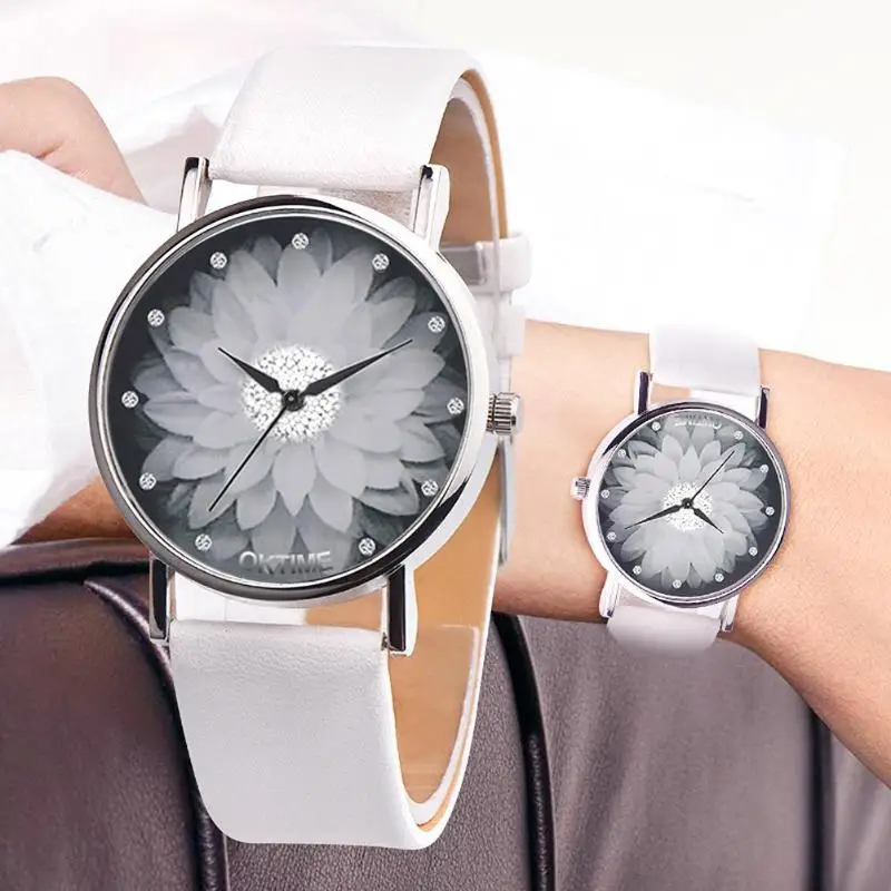 

Girls Waterproof Quartz Watch Women Rhinestone Flower Print Dial Wristwatch Leather Quartz Watches Vintage Style Girl Watch