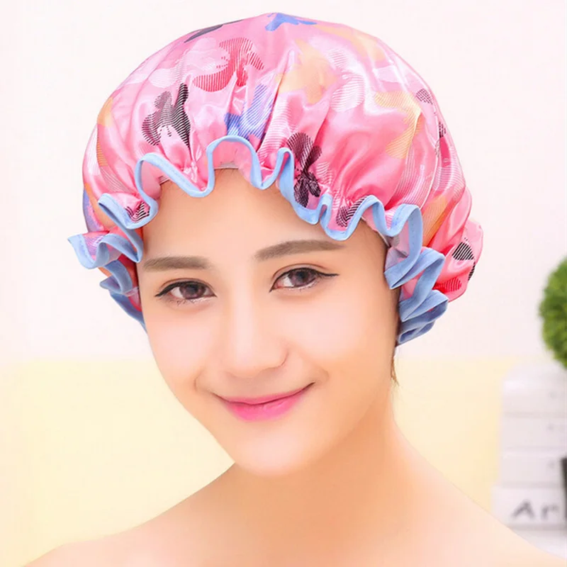 High Quality Double Layer Waterproof Shower Cap Butterfly Print Elastic
