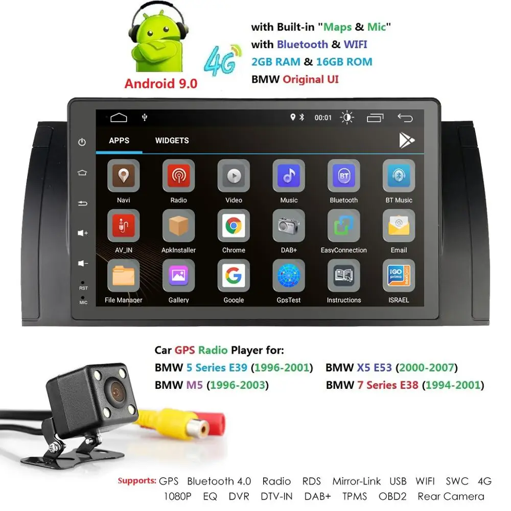 Top Ossuret 9 Inch 1024x600 IPS TouchScreen 1din Android 9.0 For BMW E39 E53 X5 Wifi 4G Bluetooth DVR RDS USB Sterring wheel control 2