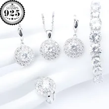 Белый Цирконий Серебро 925 Свадебные Ювелирные наборы для женщин браслет ожерелье кулон кольца серьги с камнями набор ювелирных изделий Подарочная коробка