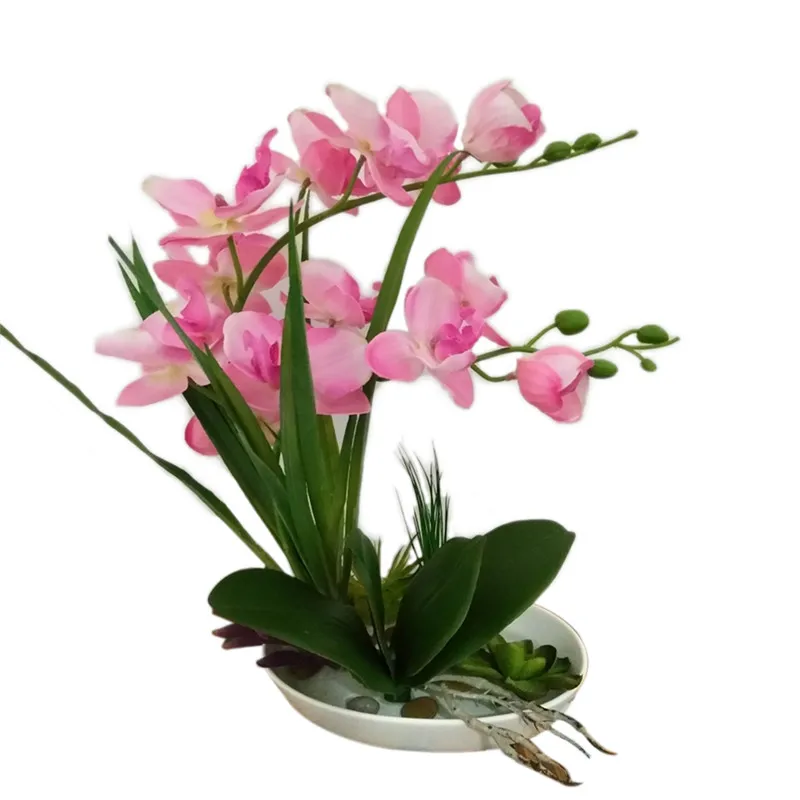 

High Quality Real Touch Artificial Orchid Flower Bonsai with Vase White Purple Silk Cloth Simulation Bonsai Plants Arrangement