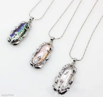 

Genuine Black White Pink Baroque Pearl 18KWGP Crystal Flower Pendant & Necklace