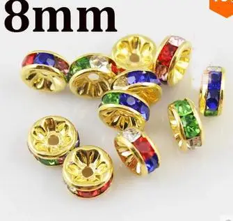 

Free Shipping 500pcs Lot 8MM golden Seven Colours Crystal Spacer Plated Rondelle Rhinestone Loose Beads For Jewelry Making