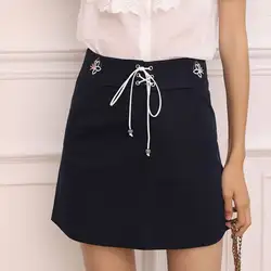 Женская вышитая короткая юбка женская 2019 летняя юбка с высокой талией на шнуровке мини-юбка