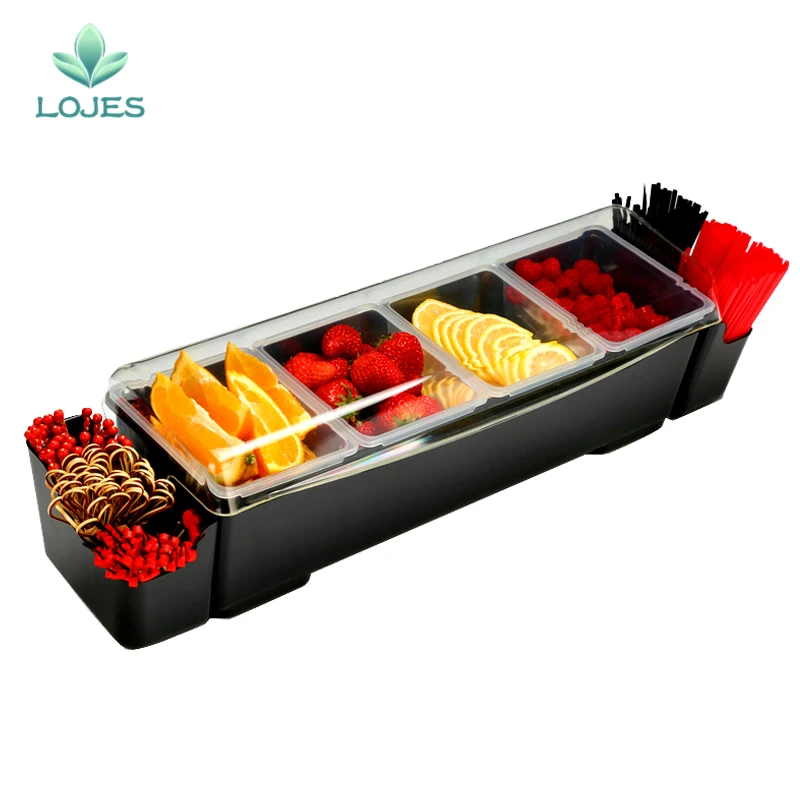 

Premium Plastic Condiment Holder With Rolling Top 4 compartment Bar Drinks Fruit Garnish Cocktail Lime Lemo