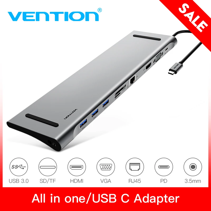 Vention thunderbolt 3 USB-C to HDMI VGA Converter USB3.0 HUB SD/TF Card Reader 3.5mm Jack PD RJ45 Adapter For MacBook Type C HUB