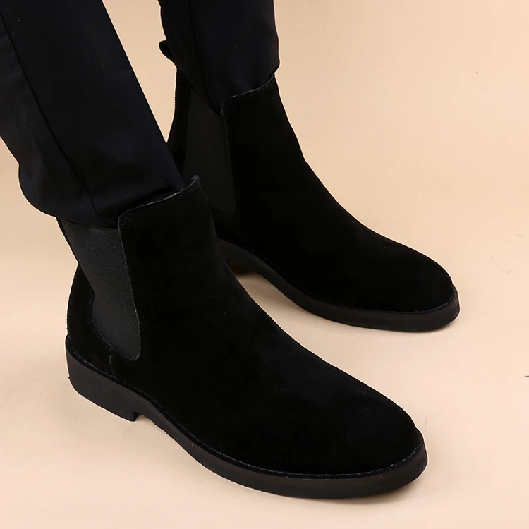 Высокие коричневые мужские меховые ботинки челси из матовой замши; зимние Бархатные кожаные ботильоны - Цвет: Black (ordinary)