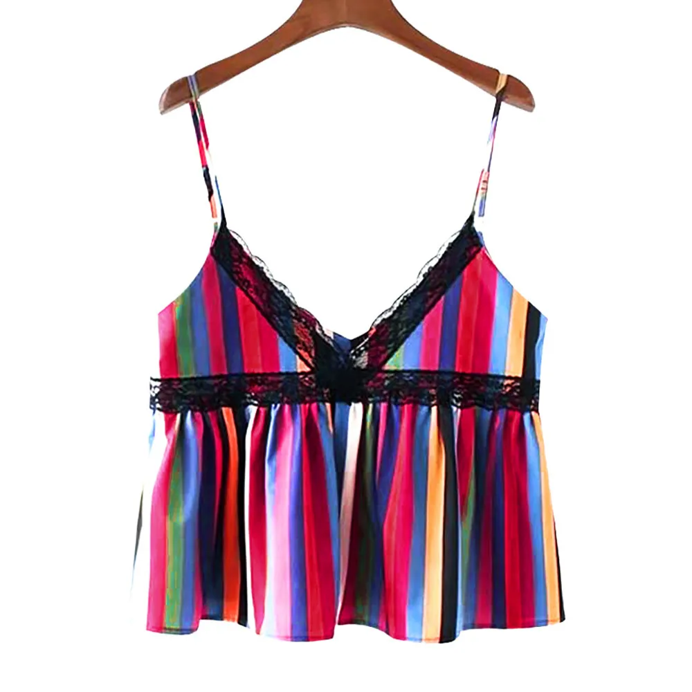 

camisas mujer verano 2019 Women Lace Sleeveless Deep V-Neck Striped Tee Sexy Ladies Backless Tank Tops Vest chemise femme