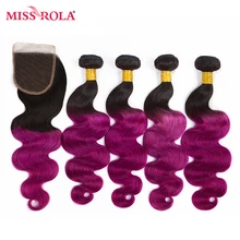 Miss Rola Hair Pre-colored Ombre Indian Body Wave #1B/Purple 100% Human Hair Non Remy 4 Bundles with Closure Hair Extensions