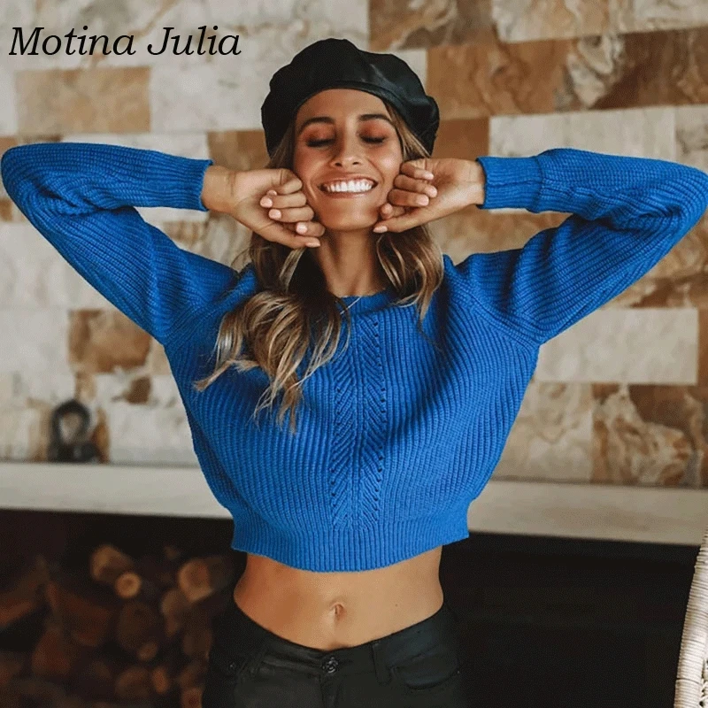 Motina Julia 2019 удобный вязаный свитер синий Повседневный укороченный джемпер Топы