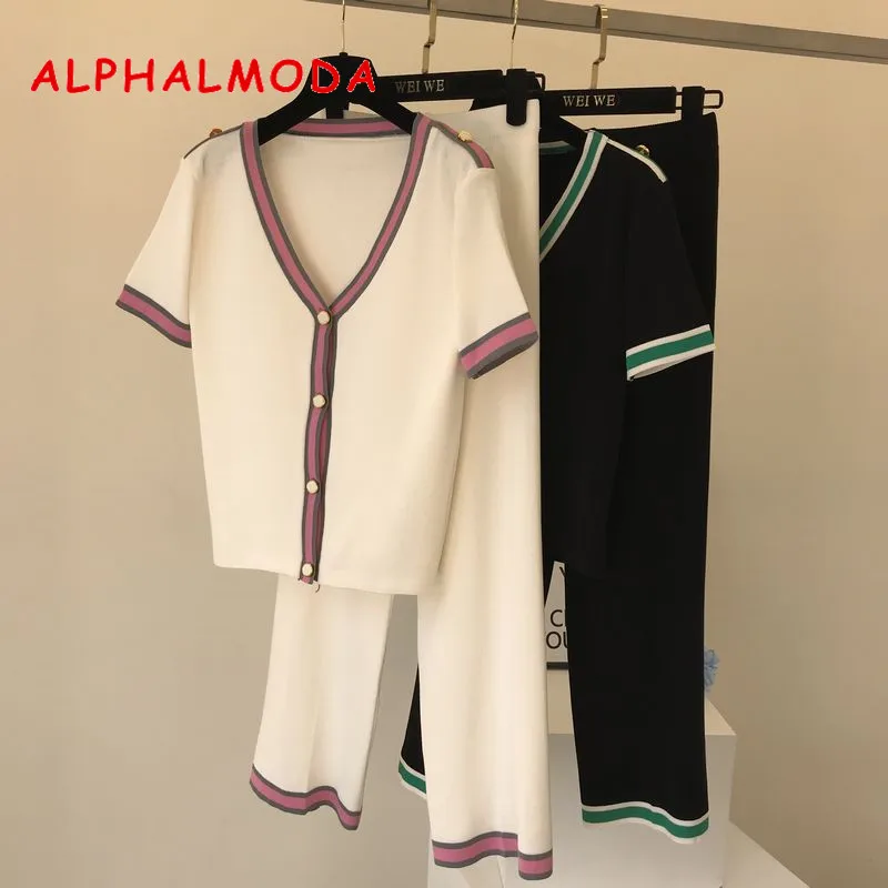 ALPHALMODA женский новый вязаный кардиган + брюки 2 шт офисный костюм с v образным