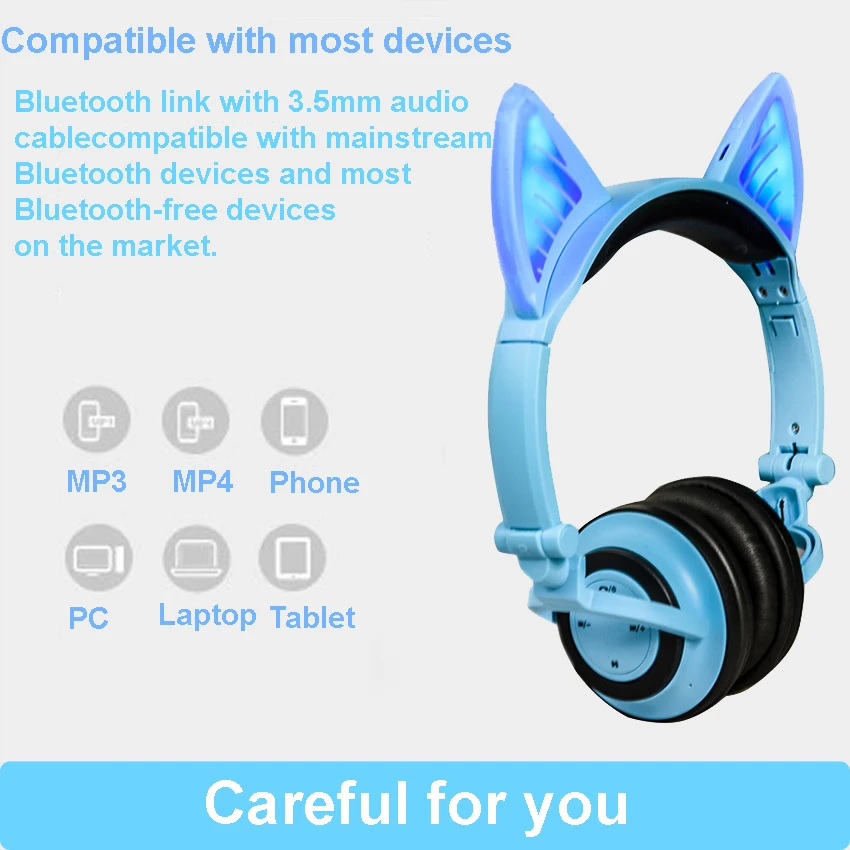 Funelego 2019 Cat Ear Wireless Earphone Flashing Glowing Adult Kid Headset Bluetooth Headphones Mic With LED Light For PC Laptop