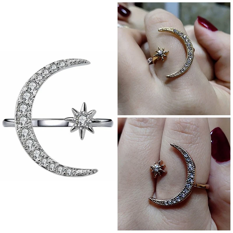 

New Fashion Ring Moon & Star Open Finger Ring For Women Girls Jewelry Pure Wedding Engagement Jewelry Gifts Drop Shipping