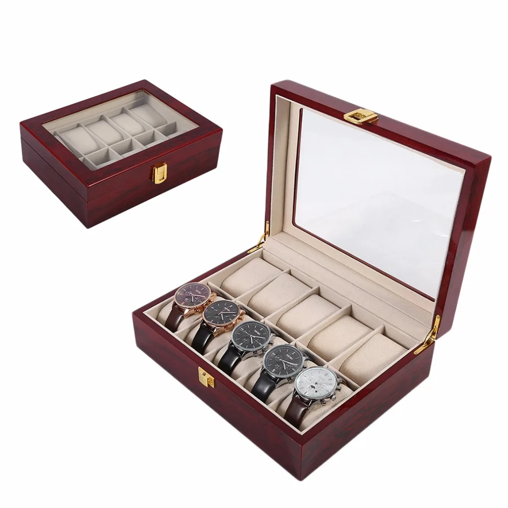 Практичная 10 решетчатая деревянная коробка для часов, прочная домашняя коробка для демонстрации ювелирных изделий, чехол для хранения, органайзер для часов, коробка красного цвета