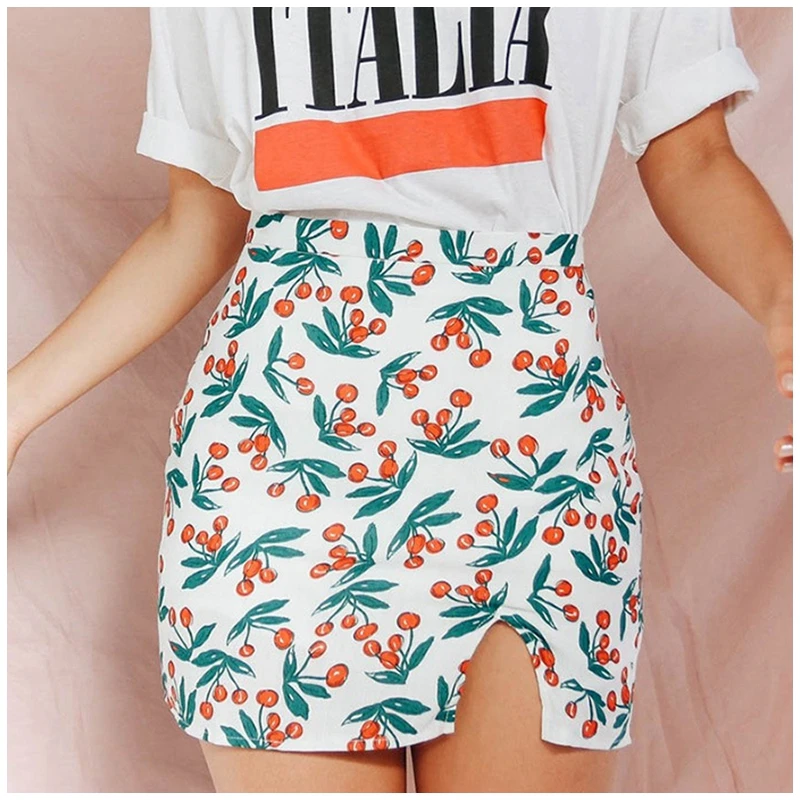 

Summer Style Rustic Cherry Print Skirt with Slit Sexy Casual vestido Boho Resort Wear Women Retro High Waist Mini Pencil Skirts