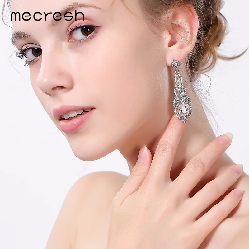 Mecresh Crystal Wedding Drop Earrings for Women Silver Black Gold Color Korean Bridal Dangle Earring 2018 Fashion Jewelry EH444