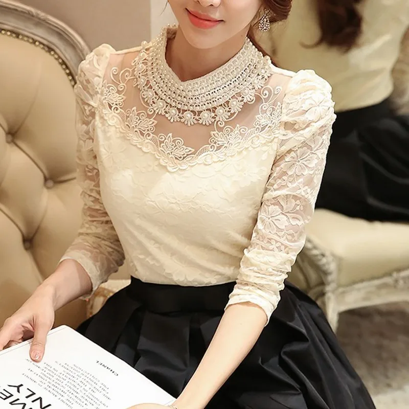 

2019 New Women Chiffon blouse Sexy Flower Beaded lace Tops long sleeved Casual shirt Patchwork Women clothing Plus size 3XL