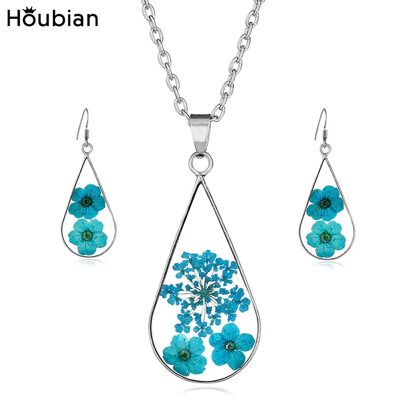 

Houbian Natural Dried Flower Drop Necklace Ornament Epoxy Resin Drop Glue Necklace Set
