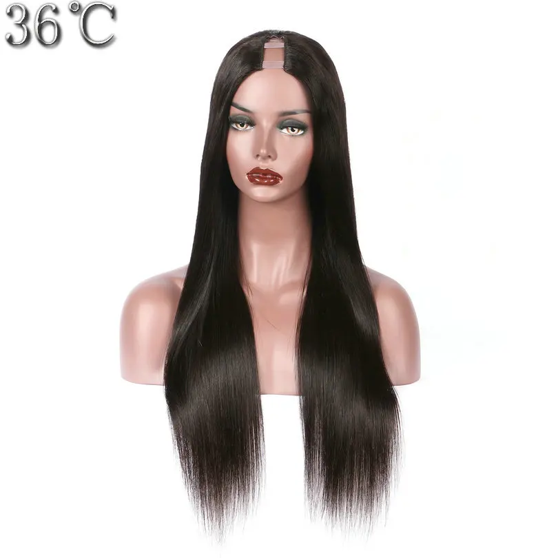 

36C Human Hair U Part Wigs For Black Women Silky Straight 100% Peruvian Non-remy Hair Wig Middle Part Can Be Dyed No Tangle