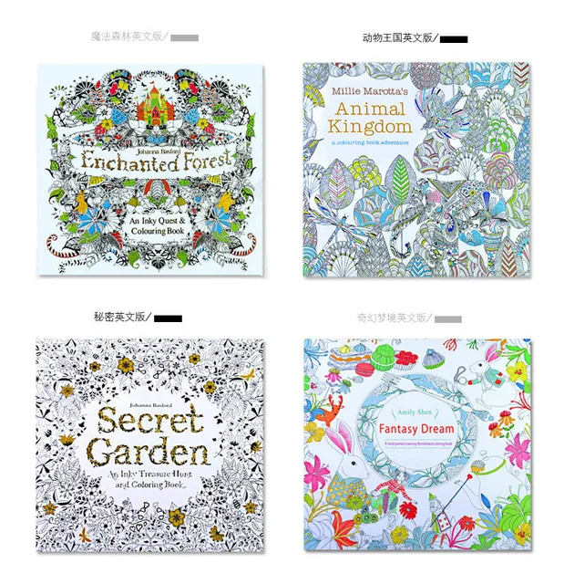 4PCS LOT 24 Pages English Edition Secret Garden Fantasy Dream Enchanted Forest Animal Kingdom Coloring