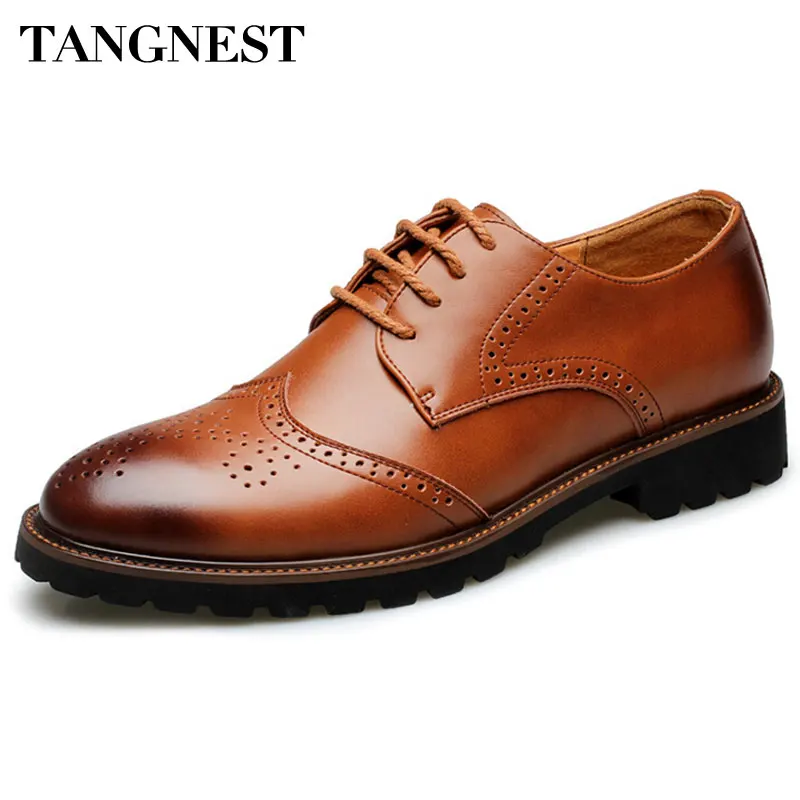 

Tangnest Brand Men Oxfords Shoes Retro Cut-out Brogue Flats Cow Split Leather Lace Up Dress Shoes Man Size 37~44 Brown XMP659