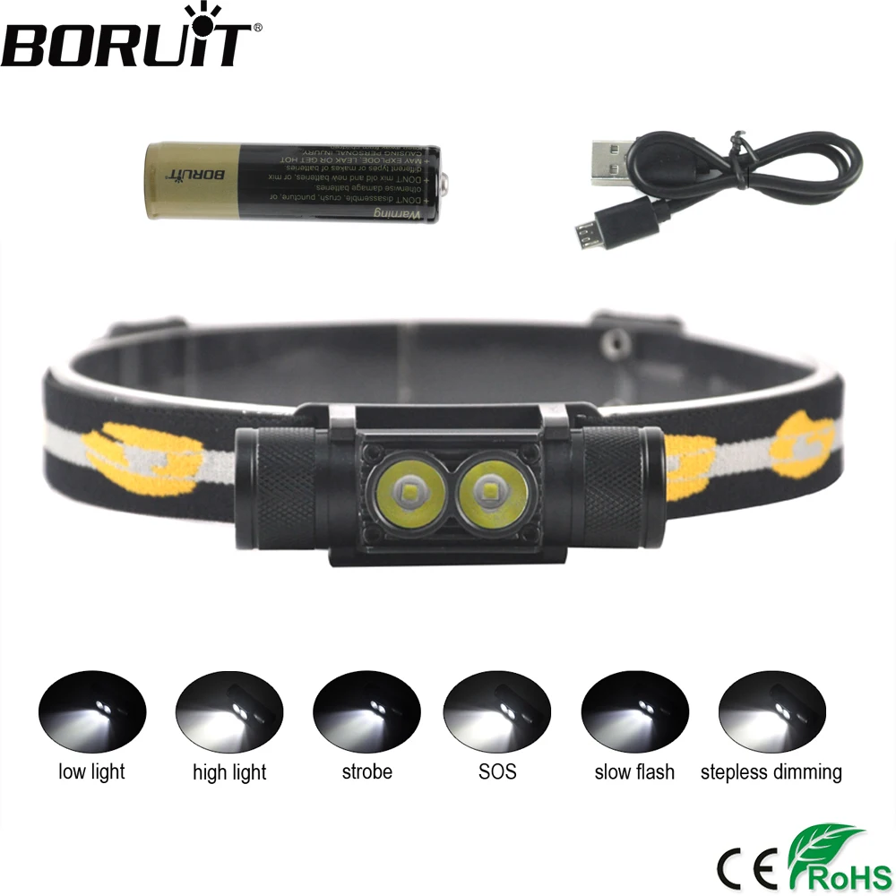 Offerte BORUiT 5000lumen XM L2 HA CONDOTTO il Mini Proiettore 6 Mode USB Ricaricabile Del Faro di Campeggio della Torcia Elettrica di Caccia Testa Della Torcia 18650 Batteria