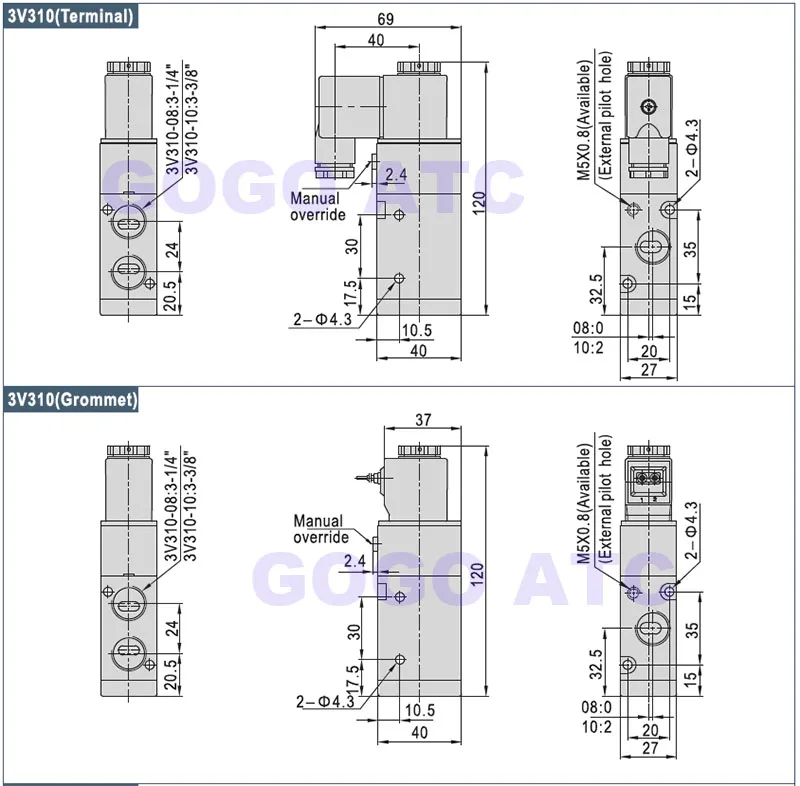 3V110-06 3V210-08 3V310-10 3V410-15 клапаны с шланговым разъемом 4 мм/6 мм/8 мм/10 мм/12 мм 3/2 ходовой электромагнитный клапан 12 В 24 В 220 В