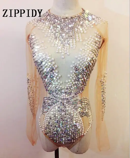 Pearls Rhinestones Bodysuit Women's One piece Mesh Stretch Outfit Bling