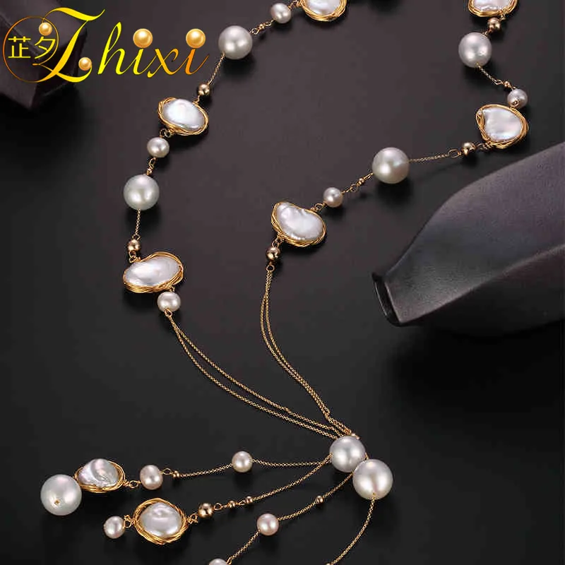 

ZHIXI Long Pearl Necklace Women Fine Jewelry Baroque Pearl Necklace Party Jewelry 2018 Wedding Trendy Anniversary Gift X324