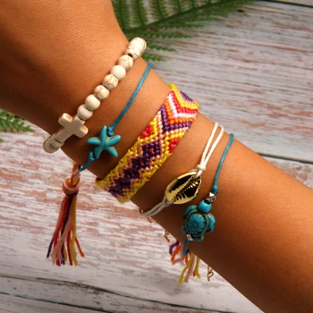 MOON GIRL 5 Pieces Puka Shell Bracelet Set Turtle Starfish Cross Beads Boho Weave Bracelet for Women Friendship Jewelry Dropship - Metal Color: 4