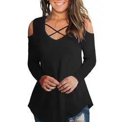 2019 Модные осенние женские футболки с длинным рукавом с v-образным вырезом тонкие сексуальные футболки женские черные Нерегулярные