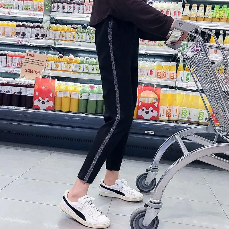 

2018 Spring Summer Women Silver Striped Sweatpants Elastic Waist Streetwear Casual Harajuku Harem Pants Trousers Pantalon Femme