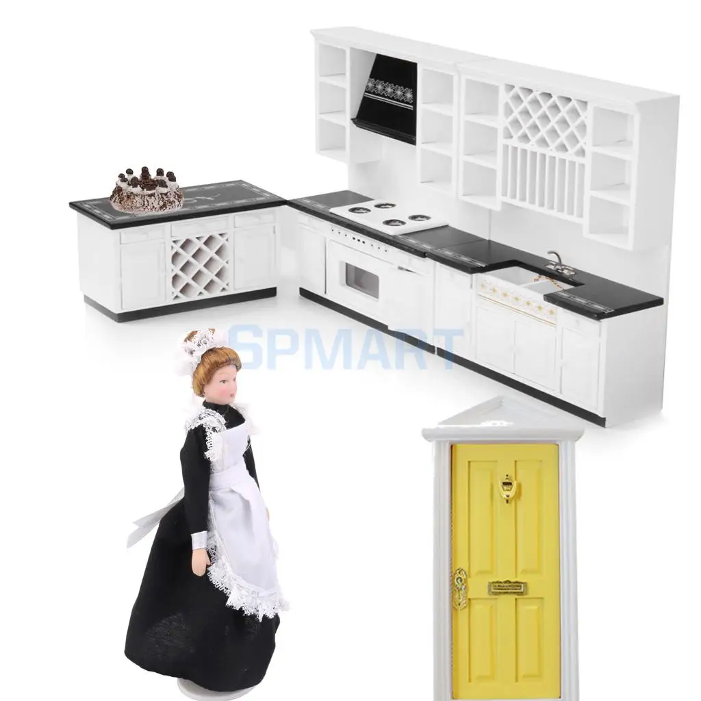 

Luxury 1/12 Miniature Kitchen /Dining Room Furniture Kit for Dollhouse Life Scenes Accessories Cabinet Porcelain Servant Peaple