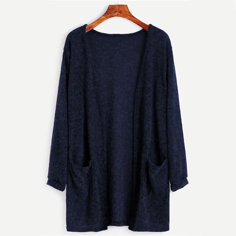 ROMWE темно-синий базовый длинный кардиган женский открытый передний однотонный карманы короткий свитер осень Модный кокон Свободный Повседневный Кардиган